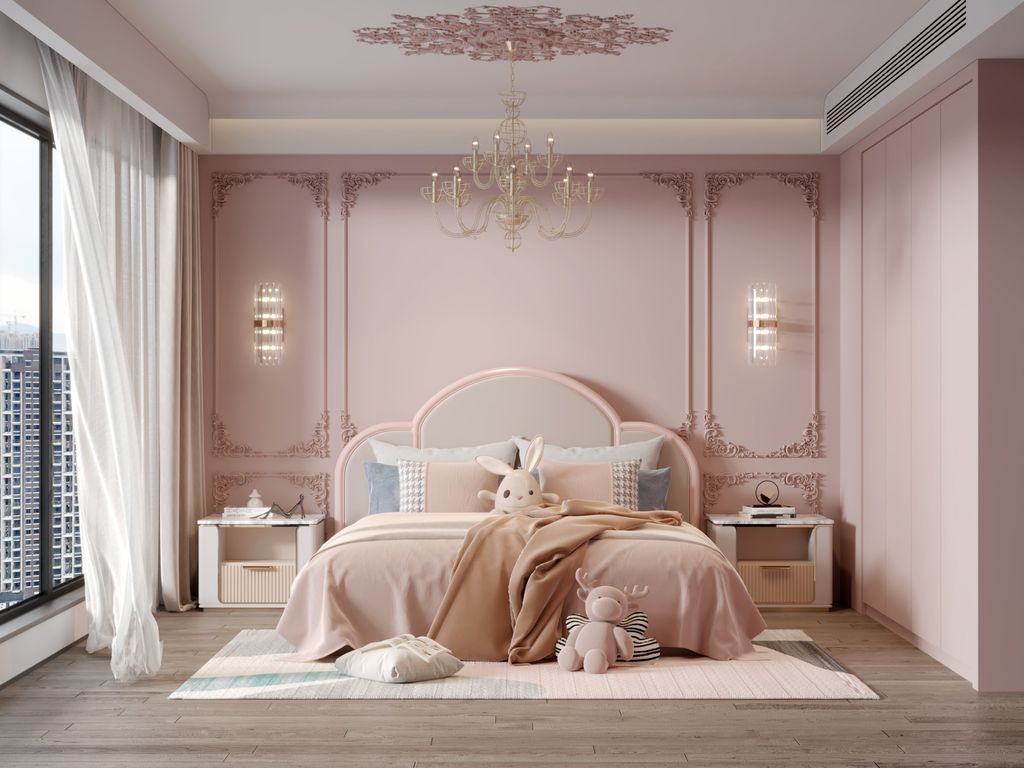 淡粉色乳胶漆配木床，打造温馨家居巧妙搭配