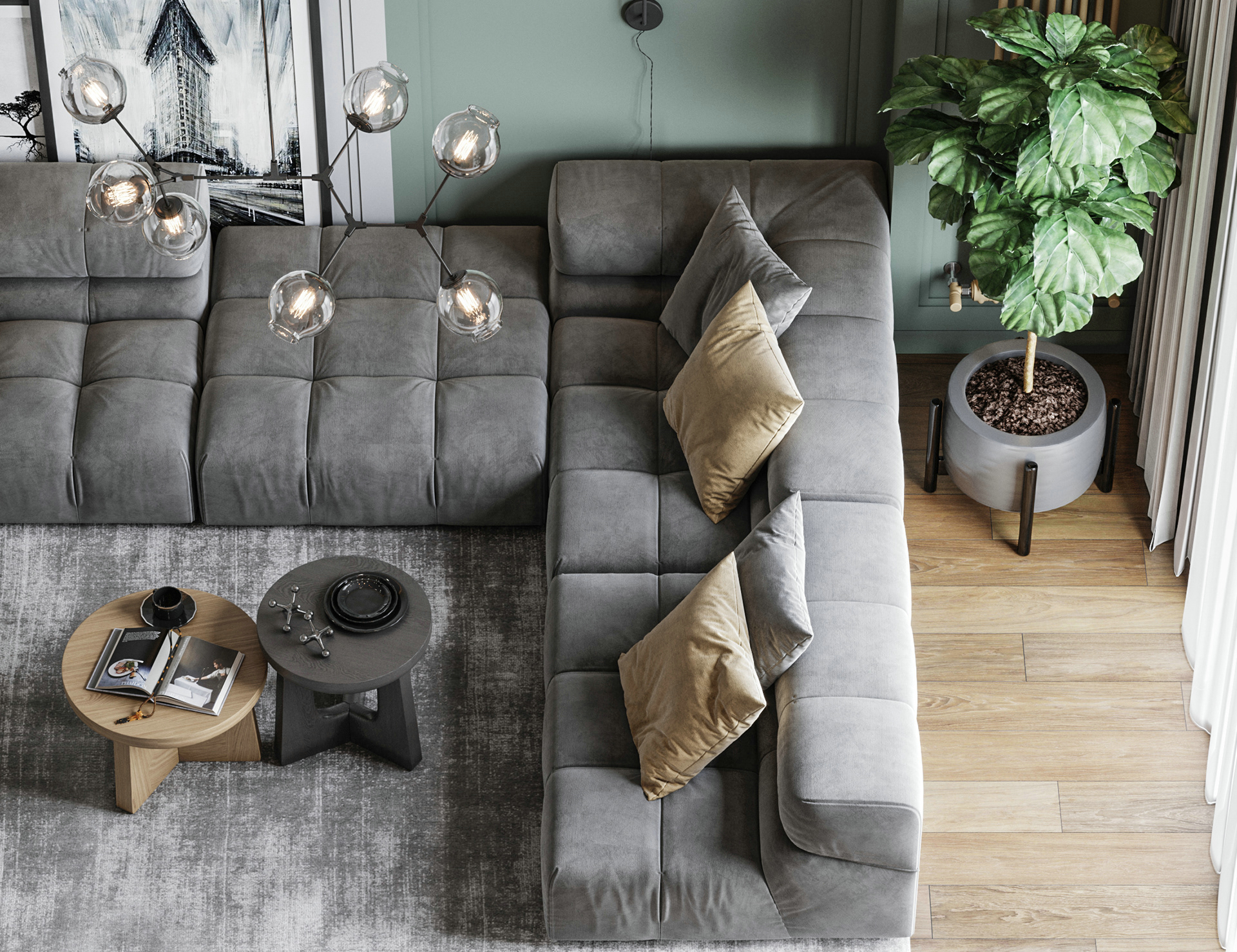 咖啡色沙发搭配深灰色地砖的优雅家居方案